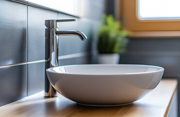 close up shot of modern sink featuring sleek design, complemented by stylish faucet and touch of greenery in background, creating serene atmosphere