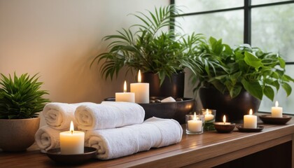 luxury spa setting with candles, towels, and green plants, peaceful ambiance
