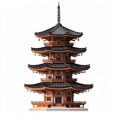 Elegant Traditional Japanese Pagoda with Tiered Roofs and Ornate Finials on White Background