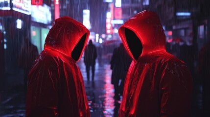 Two Figures in Red Hoodies Walk in the Rain