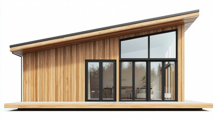 Eco Friendly Tiny House with Slanted Roof and Wooden Siding on White Background