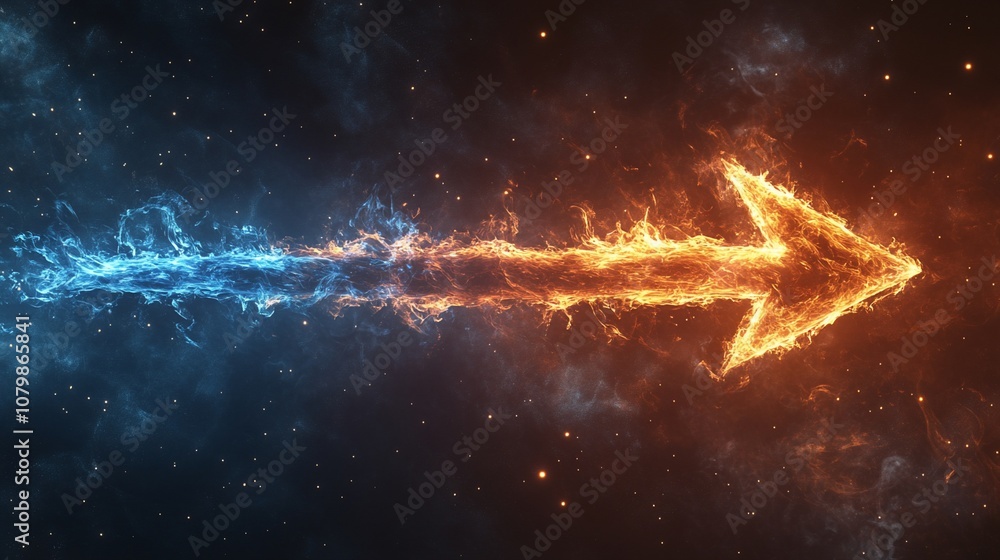 Poster a fiery arrow pointing right, with a blue flame trailing behind it.