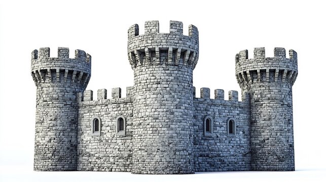 Imposing Medieval Castle with Sturdy Stone Towers and Battlements on White Background