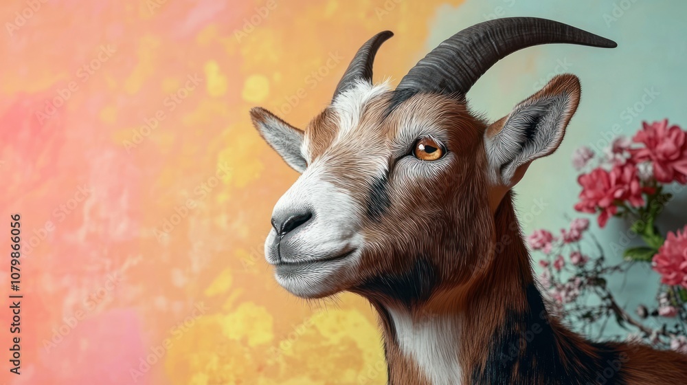 Poster a goat with a playful expression against a colorful background.