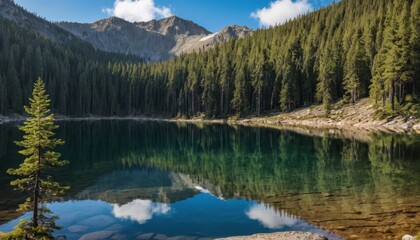 mountain lake surrounded by pine trees, clear water, peaceful reflection