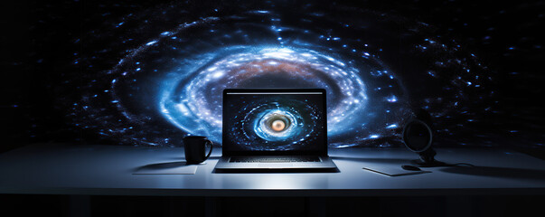A laptop displaying a swirling galaxy on a desk with a dark backdrop, creating an immersive cosmic atmosphere