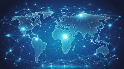 Fototapeta premium Futuristic map of Earth showcasing network of connections, highlighting continents and oceans with glowing lines. This digital representation evokes sense of global connectivity and innovation