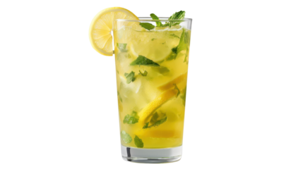 Lemonade with lemon slices and mint in a glass on white transparent background
