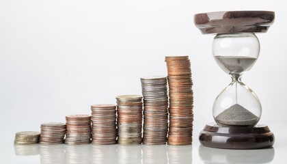 Money with an hourglass clock. Return on investment, gold coin increasing chart. Growth, income, savings, investment. Symbol of wealth. ai generated