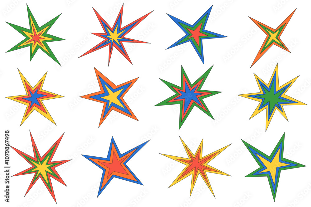 Poster star shapes vector icons. abstract shiny irregular sparkles. sharp burst graphic elements. random st