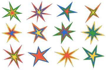Star shapes vector icons. Abstract shiny irregular sparkles. Sharp burst graphic elements. Random Starlight twinkles figures. Geometric minimal cosmic symbols of explosion.