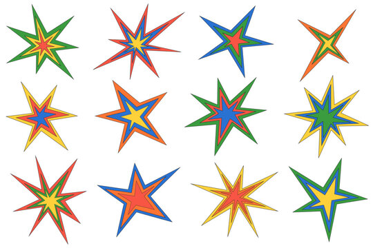 Star shapes vector icons. Abstract shiny irregular sparkles. Sharp burst graphic elements. Random Starlight twinkles figures. Geometric minimal cosmic symbols of explosion.