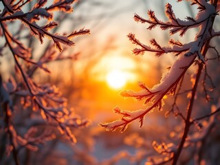 Tranquil Winter Sunrise Through Snow-Covered Branches