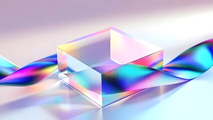 Abstract Glass Cube with Iridescent Ribbon: Modern Design