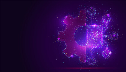 Silhouette of a gear with a brain shape inside, made of glowing, multicolored dots, resembling stars. The vibrant particles represent intelligence, technology, and the mechanics of AI innovation.