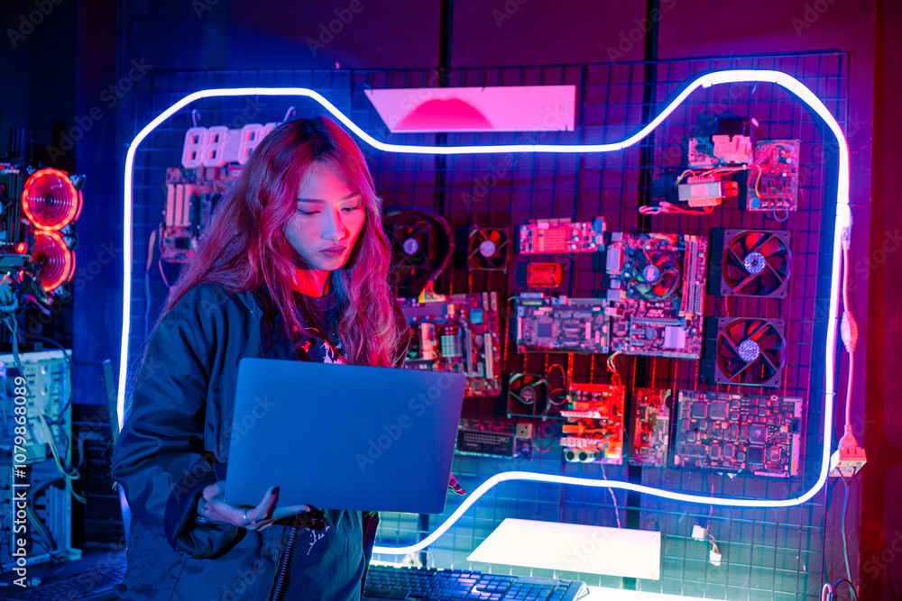 Poster asian woman in front of a computer monitor display big digital data with laptop computer, neon light