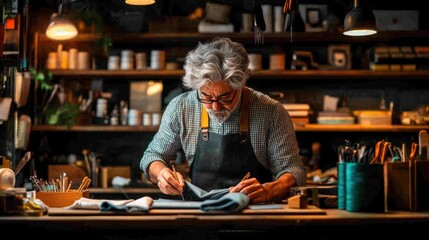 Creative artisan crafting unique designs cozy workshop photography warm atmosphere for handcrafted excellence