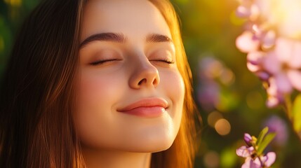 Fototapeta premium A young woman enjoys a serene moment in nature, eyes closed and smiling softly amidst blooming flowers, This image is perfect for themes of relaxation, beauty, and positive emotions in marketing,