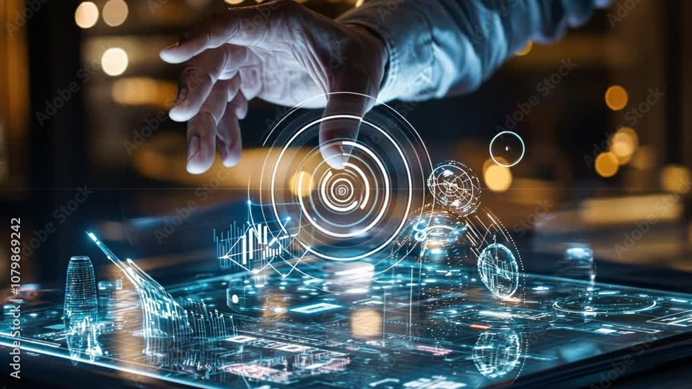 Poster business devices and tech: b2b professionals using holographic tools and digital interfaces for mark