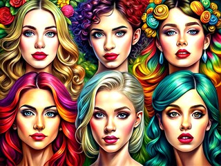Obraz premium Beautiful Women Portraits - Different Hairstyles & Face Shapes - Macro Photography