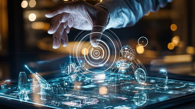 Business devices and tech: B2B professionals using holographic tools and digital interfaces for marketing and communication