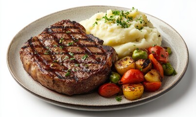 Isometric steak on a plate with mashed potatoes and vegetables, hearty dinner meal, 3D icon set