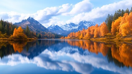 Scenic lake surrounded by vibrant autumn trees and majestic snow-capped mountains under a blue sky, Ideal for nature-related projects, travel brochures, and environmental campaigns,