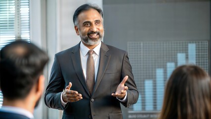 An Indian business leader presenting the launch of a new product to the company.
