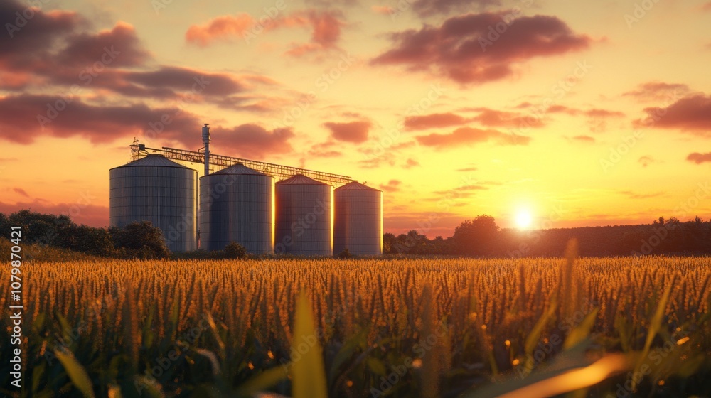 Poster a field of grain with a sunset in the background
