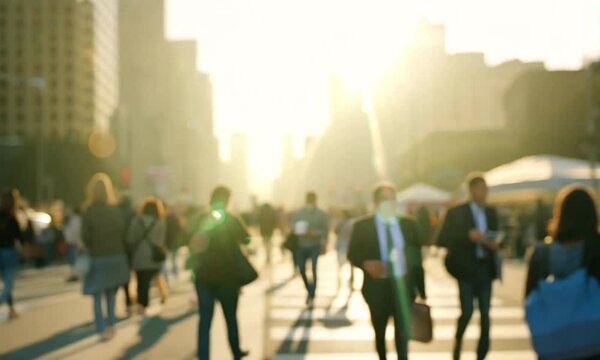 Busy city street at sunset with silhouettes of people crossing the road, creating a dynamic urban scene filled with energy and daily life activities.