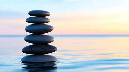 Obraz premium A serene stack of smooth stones balanced on calm water, symbolizing tranquility and balance, Ideal for wellness, meditation, or nature-themed projects, this image evokes a peaceful ambiance,