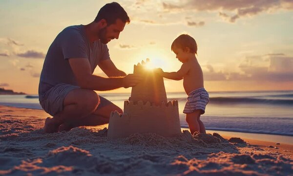 A father and child build a sandcastle at sunset on a beach, enjoying quality time together.