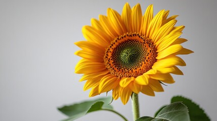 Fototapeta premium A vibrant sunflower with bright yellow petals and green leaves.