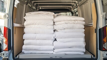 Commercial laundry delivery in Canada, large van delivering clean linens for businesses, organized and efficient.