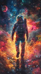 a 80's style psychedelic art of the universe, include a grid and a outline of a human