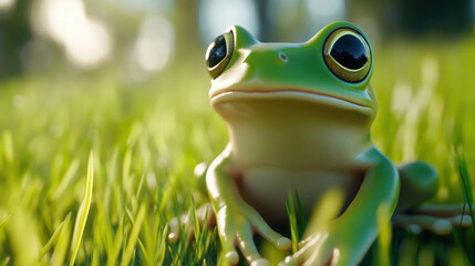 tree frog sitting in lush green grass on sunny day, showcasing its vibrant colors and curious expression. scene captures essence of natures beauty and tranquility