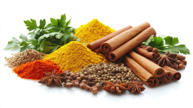vibrant assortment of spices and herbs, including cinnamon sticks, coriander, and turmeric, arranged beautifully on white background, showcasing their rich colors and textures