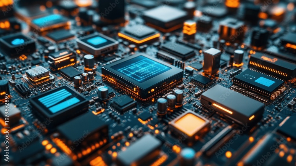 Poster close-up of a circuit board with glowing components and connections.