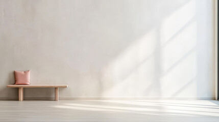 Minimalist interior with wooden bench and soft cushion featuring natural light and shadows