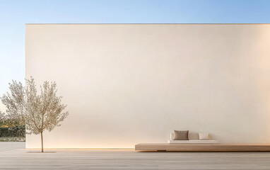 Modern minimalist exterior with a wooden bench and a single tree under clear blue sky