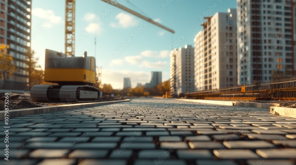 Poster a construction site with a large crane and a small yellow machine