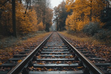 Fototapeta premium A single set of train tracks disappearing into the distance through a misty autumn forest.