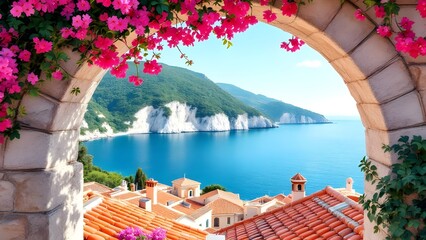 Fototapeta premium Mediterranean Coastal View through Archway with Bougainvillea: Travel Photo