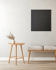 Modern minimalist interior design featuring a bench table and wall art in a bright room
