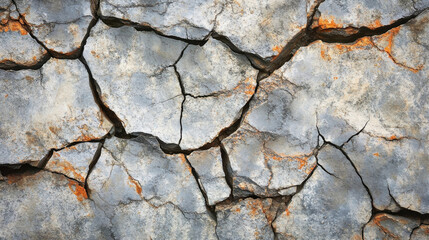 Obraz premium Cracked surface with textured appearance, showcasing blend of gray and orange hues. intricate fractures create striking visual effect, evoking sense of natural decay and ruggedness