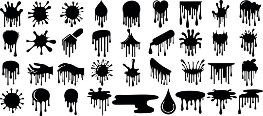 Black dripping strain splatters, paint splash and spills set vector illustration.  paint drops, liquid splash, ink drips, abstract fluid shapes for graphic design, backgrounds, stickers