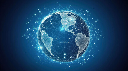 global network represented by digital globe, showcasing interconnected nodes and lines, symbolizing technology and communication. vibrant blue background enhances modern feel of this abstract design