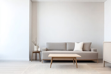 Modern minimalist living room with gray sofa and wooden coffee table in bright natural light