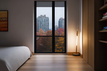 Obraz premium Modern bedroom with views of autumn foliage in a cityscape during dusk