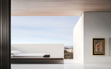 Modern minimalist interior with panoramic view at a contemporary residence